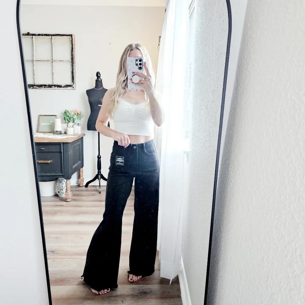 RISEN HR Tummy Control Black Palazzo Jeans Wide Leg Distressed Hems Various NEW - Picture 5 of 13
